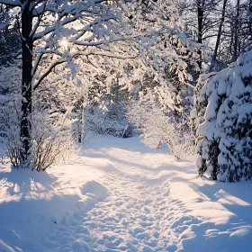 Sunlit Snowscape Forest Trail Scene