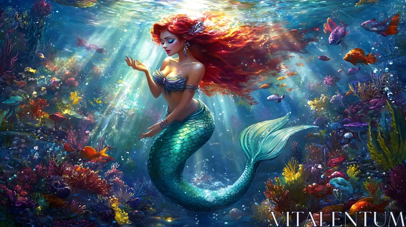 AI ART Mystical Mermaid Among Coral Reefs