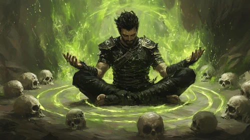 Enchanting Wizard Meditating with Skulls