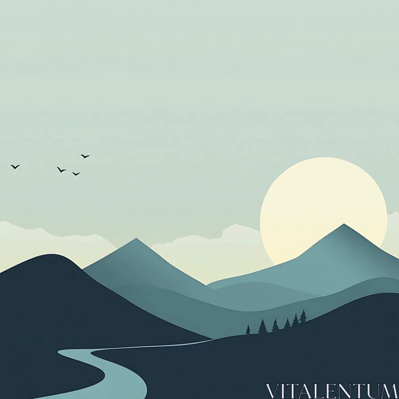 Minimalist Mountain Landscape with River AI Image