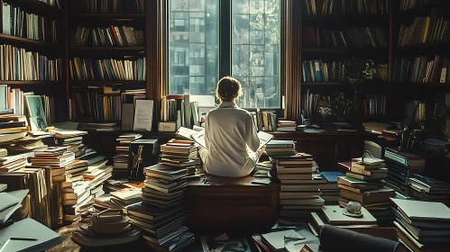 Woman immersed in literature within library setting