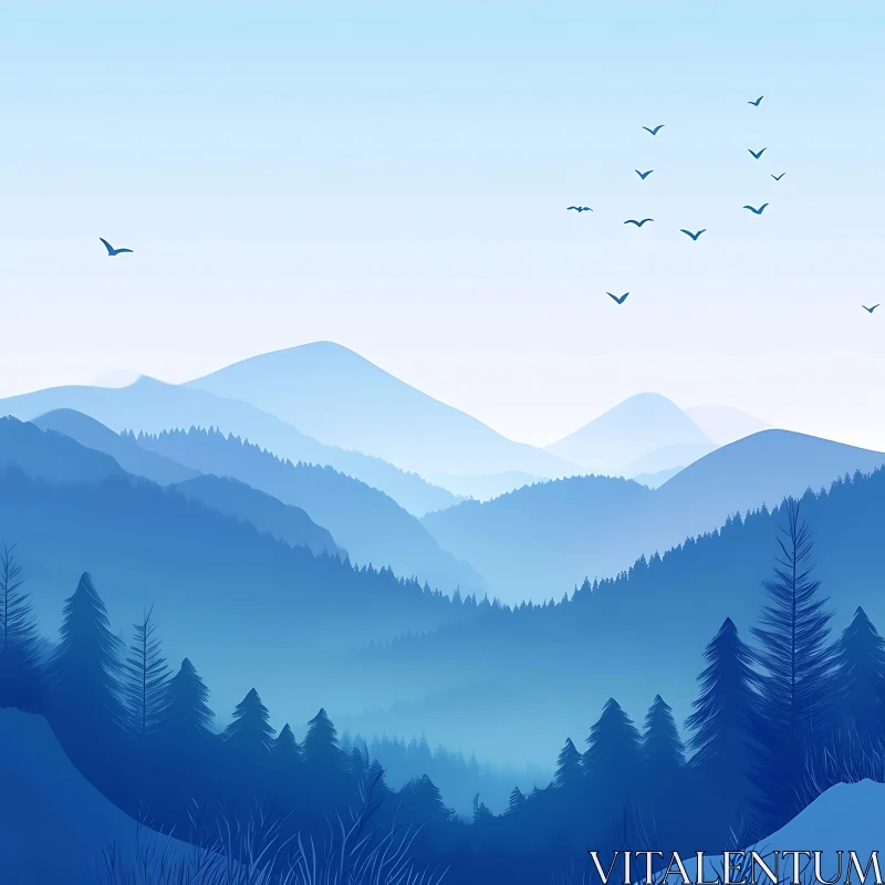 AI ART Peaceful Blue Mountain and Forest View