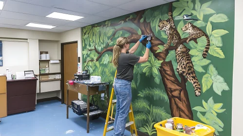 Artist Creating Jungle Scene Mural