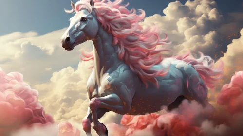 Fantasy-Inspired Horse Swimming in Pink Cloud Artwork