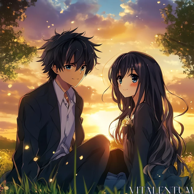 Anime Couple's Serene Sunset Moment AI Image