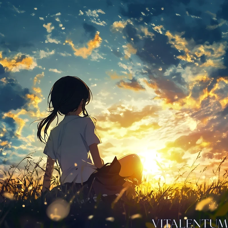 Evening Scene with Girl in Sunlit Field AI Image