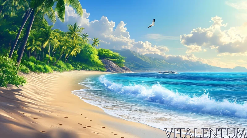 Idyllic Beach Scene with Palm Trees AI Image