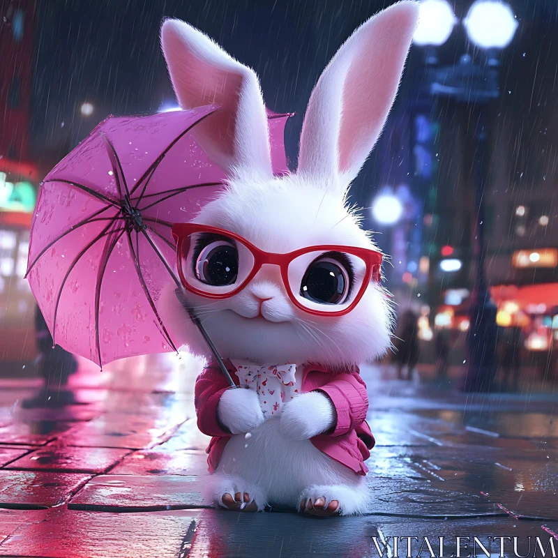 AI ART Charming Bunny Portrait in Rainy City