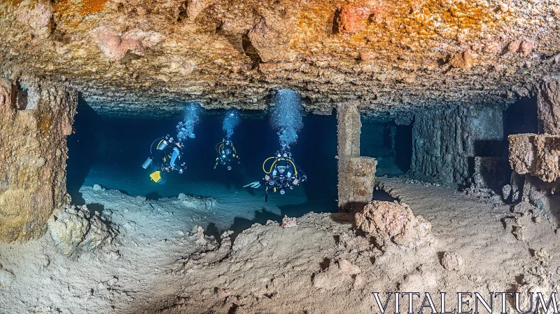 AI ART Scuba Divers in Submerged Cave