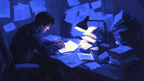 Man Working Late with Papers