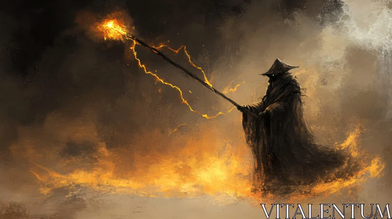 Enigmatic Wizard with Fiery Staff AI Image