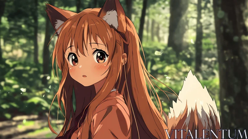 Fox-eared Anime Character in Nature AI Image