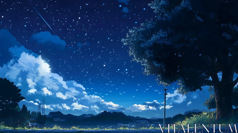 Serene Night Landscape with Shooting Star AI Image