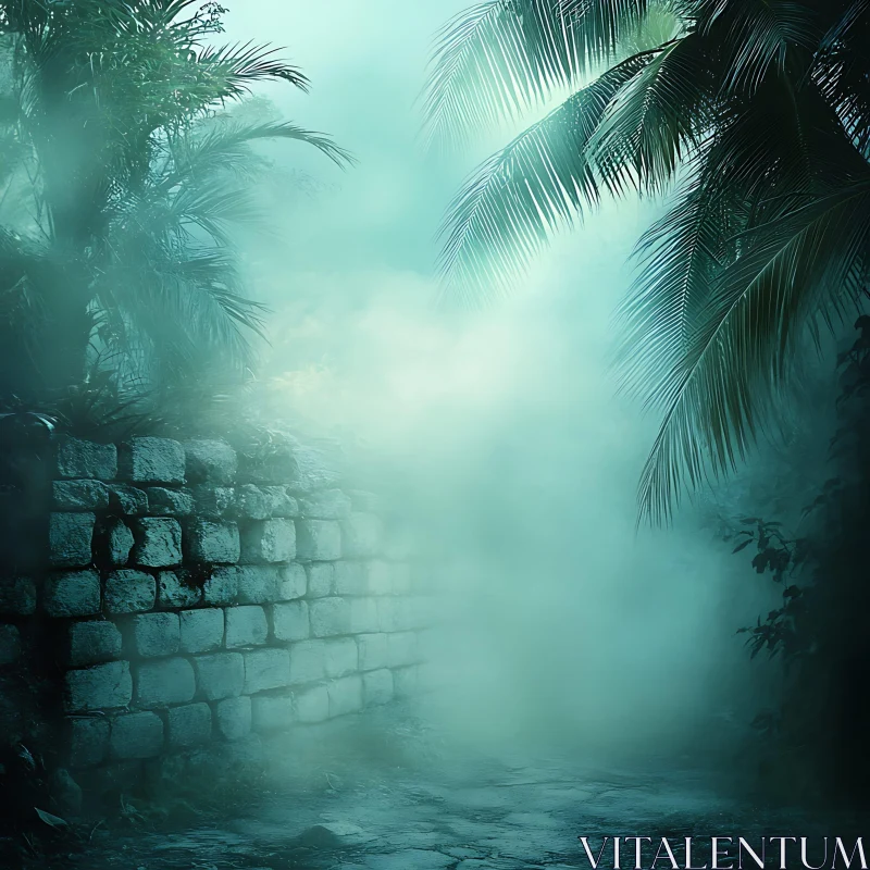 Foggy Palm Trees and Ancient Wall AI Image