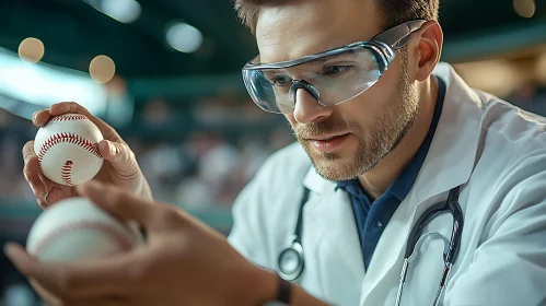 Man in Lab Coat Holding Baseballs