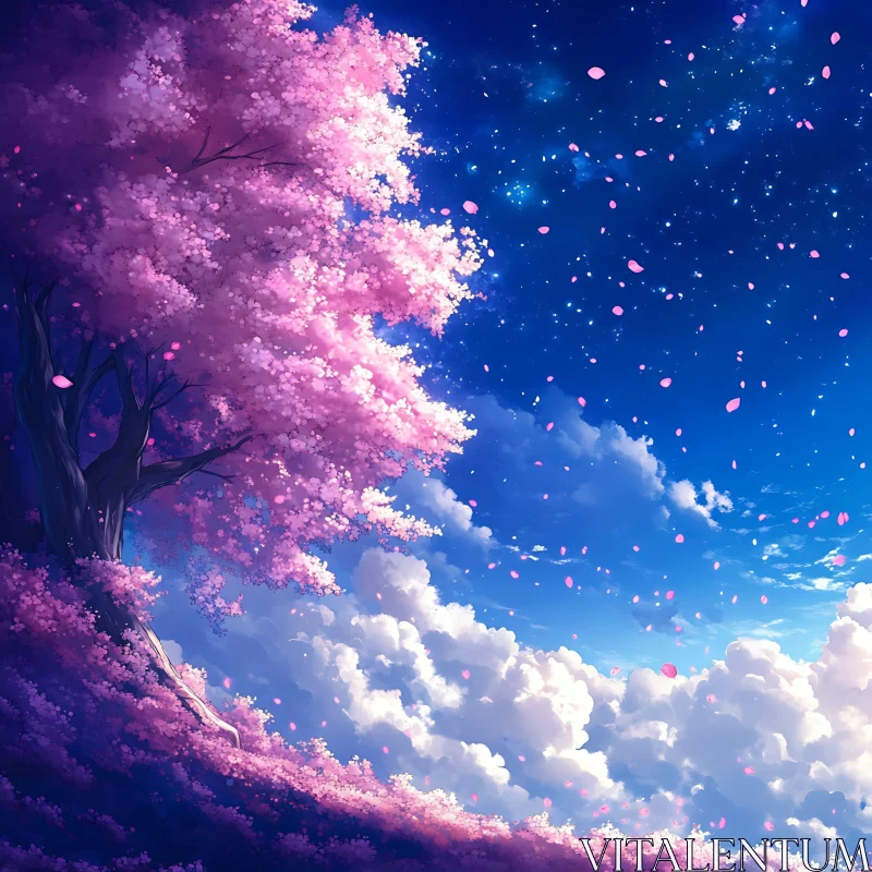 AI ART Serene Sakura Tree at Night with Falling Petals