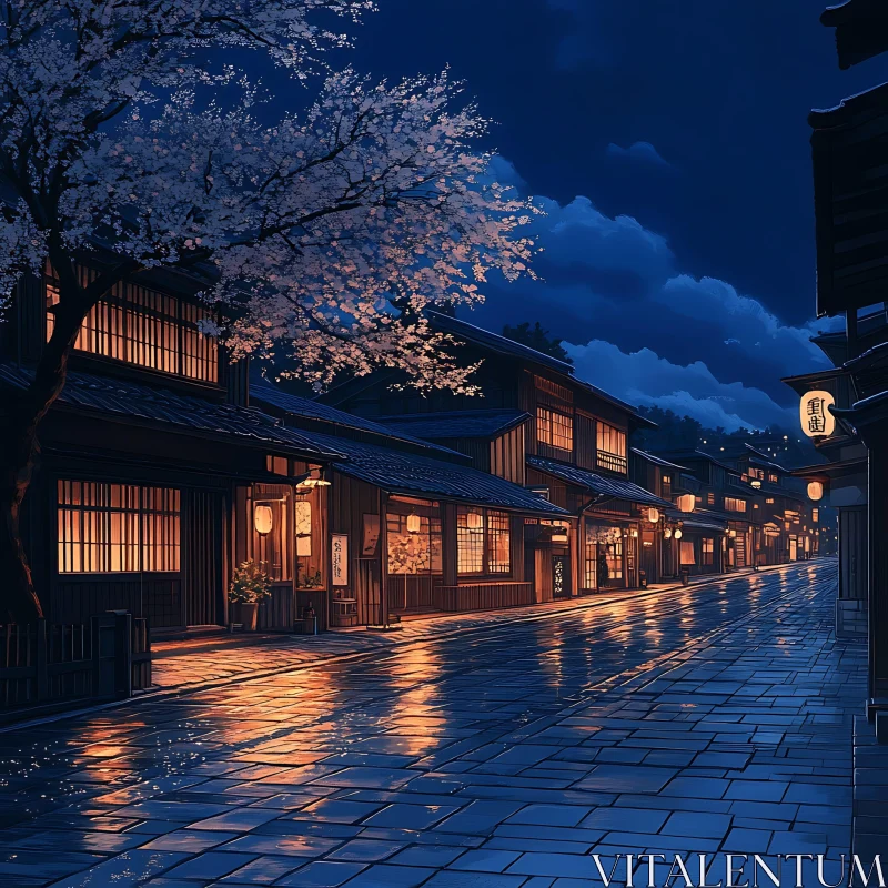 AI ART Nighttime Serenity in a Japanese Village