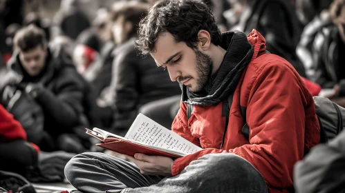 Engrossed Reader in Red Jacket