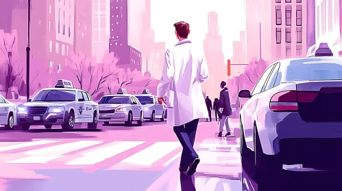 Stylized Urban Scene with Taxis and Pedestrians