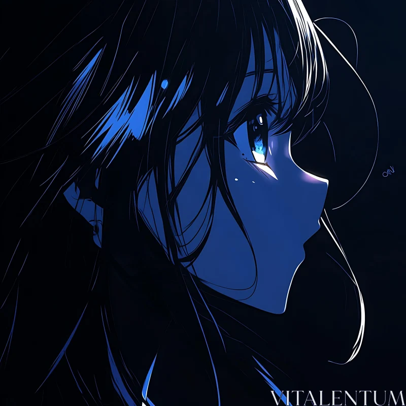 Blue-Tinted Anime Girl Profile AI Image