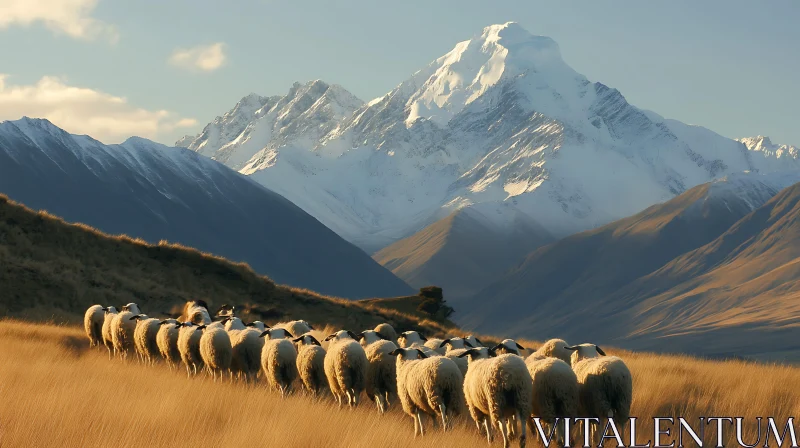 Flock of Sheep in Mountain Valley AI Image