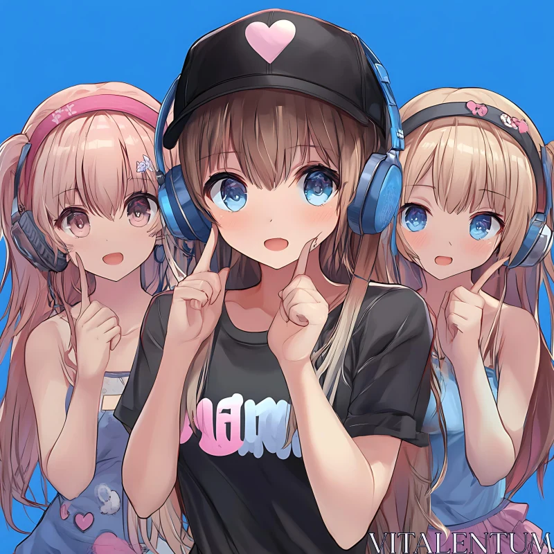 Anime Trio with Headphones - Cute and Stylish AI Image