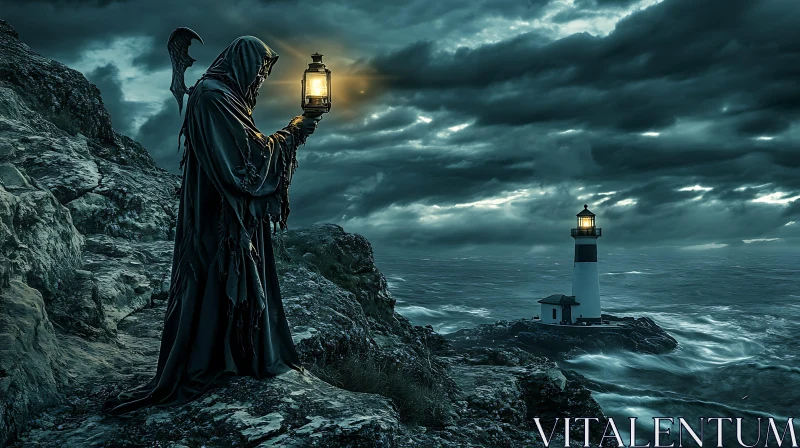 AI ART Cloaked Figure with Lantern by Stormy Sea