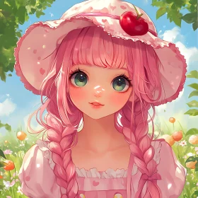 Anime Girl with Braids and Strawberry Hat