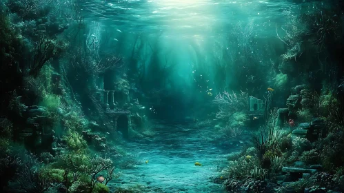Sunlit Ocean Floor with Ancient Structures