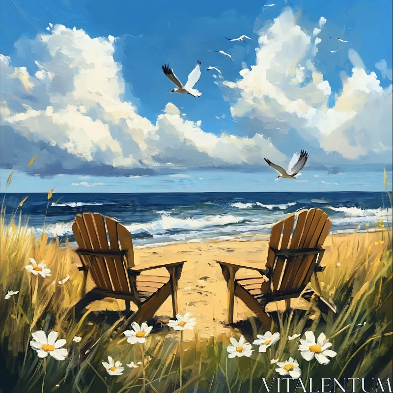 Seaside Relaxation: Chairs by the Ocean AI Image