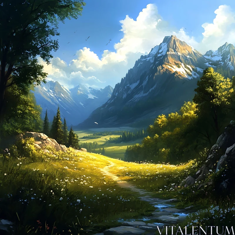 Mountain Path Serenity Landscape Painting AI Image