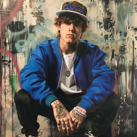 Justin Bieber in Blue Jacket Against Graffiti