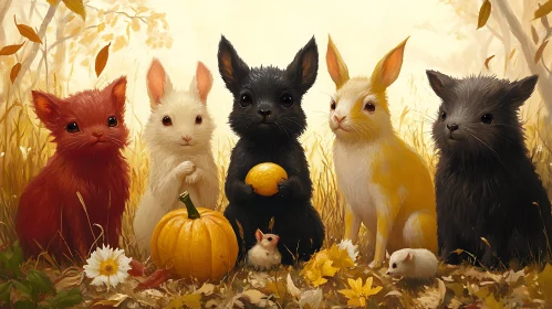 Colorful Bunnies with Pumpkin and Mice