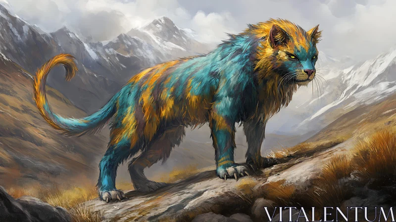 Blue and Gold Feline in the Mountains AI Image