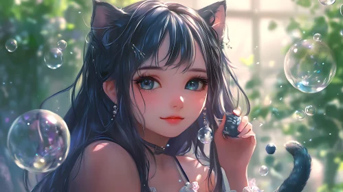 Anime Girl with Cat Ears and Bubbles