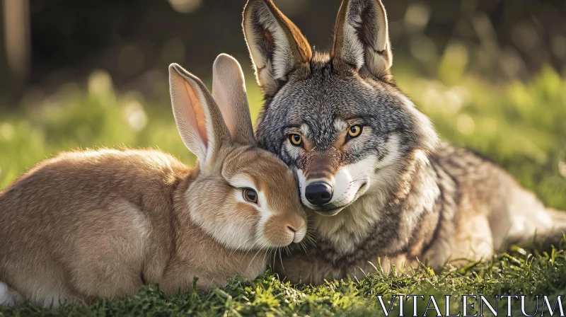 Harmony in Green: Wolf and Rabbit AI Image