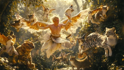 Fantasy Forest Scene: Angel and Feline Flight