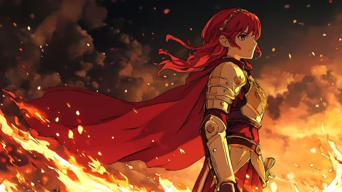 Anime Warrior with Red Cape Amidst Flames