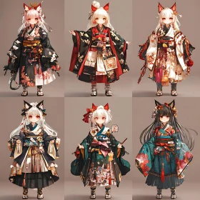 Six Anime Characters in Beautiful Traditional Attire