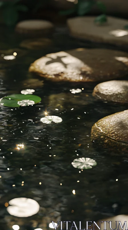 AI ART Tranquil Pond Scene with Rocks and Sunlight