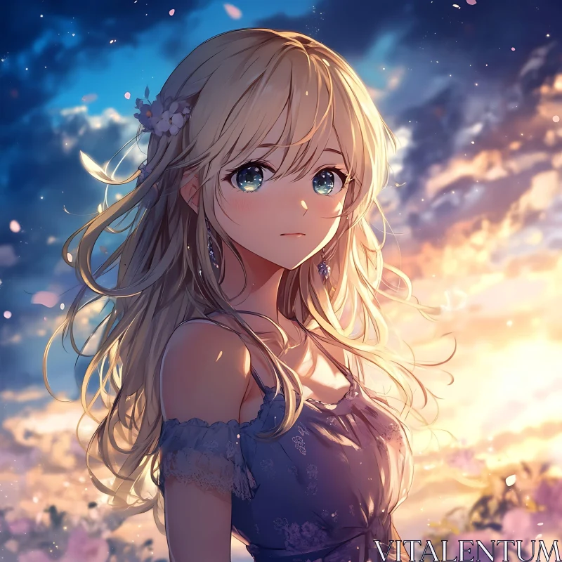 Anime Girl in Blue Dress During Sunset AI Image