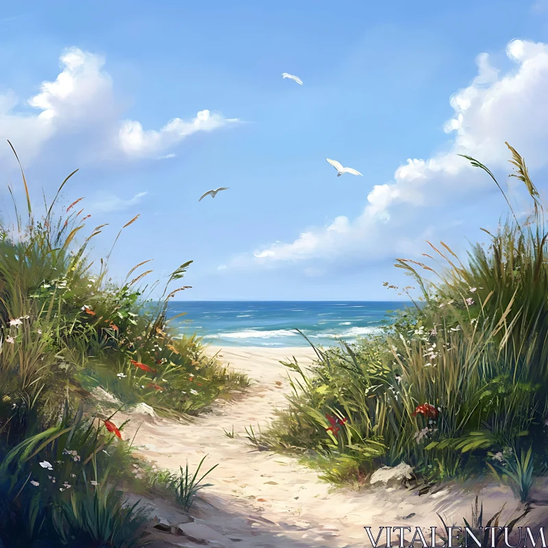 AI ART Tranquil Beach Path with Birds