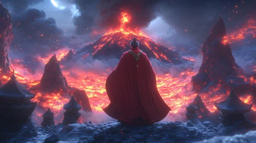 Red Cape Figure Volcano Scene