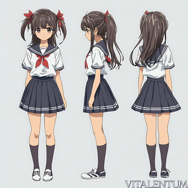 Anime Schoolgirl Character Design in Three Perspectives AI Image