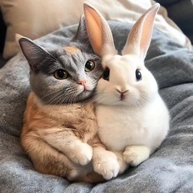 Charming Cat and Rabbit Cuddle Portrait