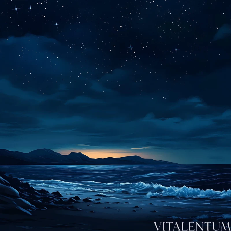 Night Seascape with Stars and Waves AI Image