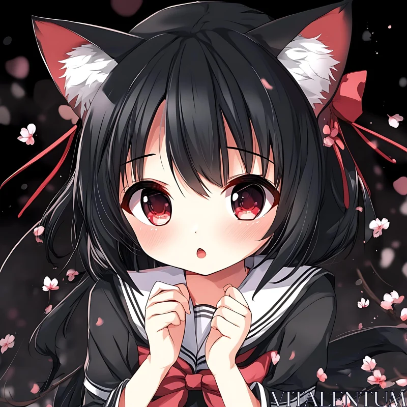 Cute Anime Girl with Cat Ears and School Uniform AI Image