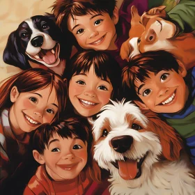 Joyful Group Portrait of Kids and Pets