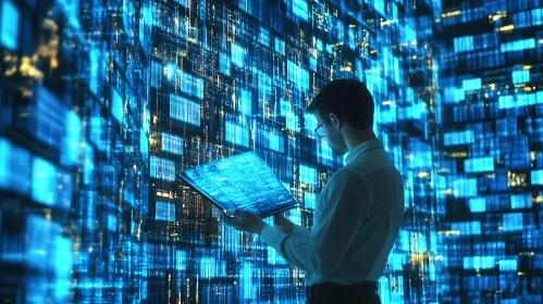 Blue Data Streams: Man Analyzing Information