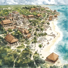 Watercolor Painting of Tropical Beach Resort